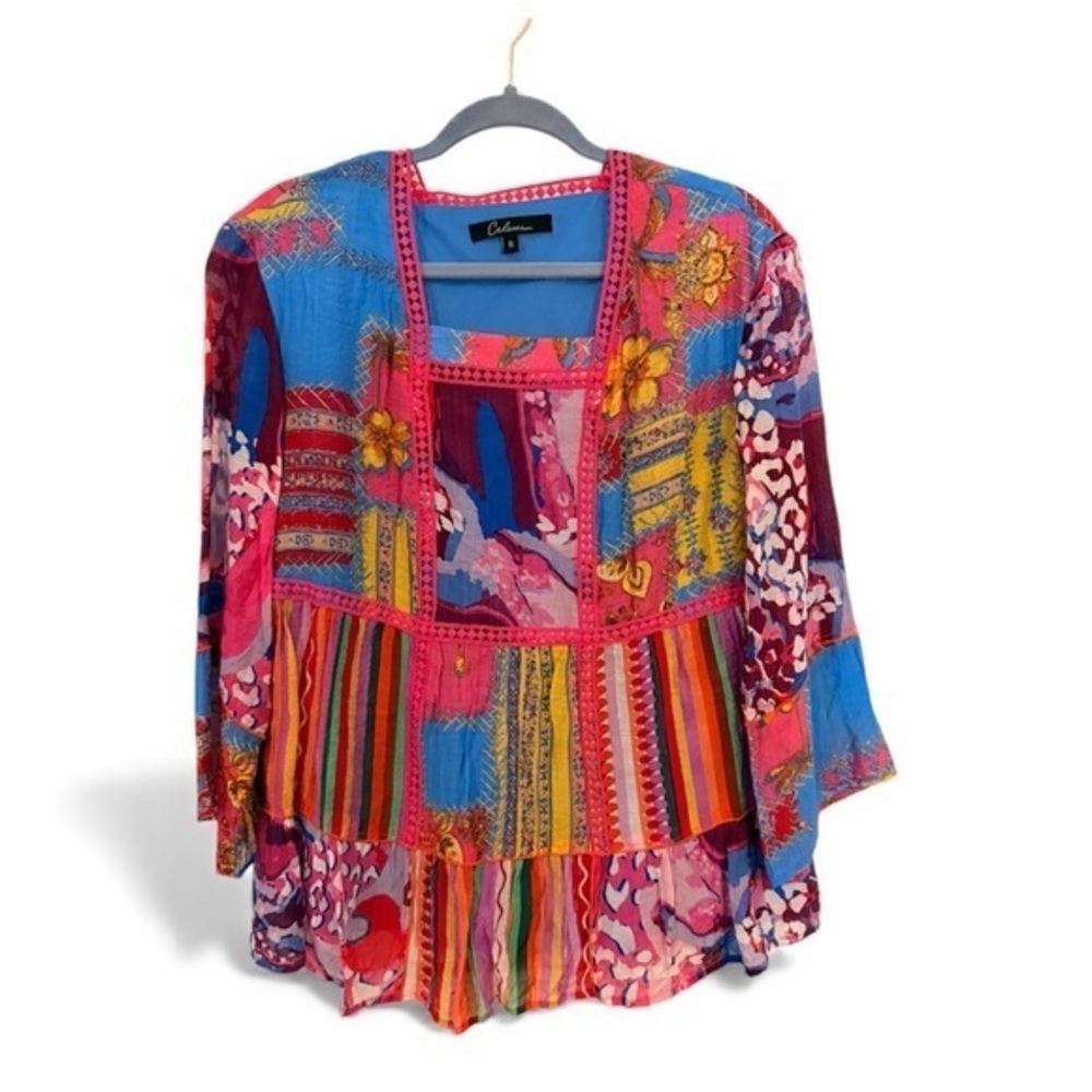 CALESSA S Fiesta Patchwork Print Boho Square-Neck 3/4 Bell Cuff Sleeve Blouse